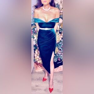 Windsor Hunter Green Velvet Off-The-Shoulder Midi Sexy High-Slit Dress